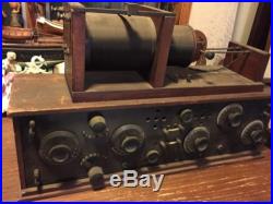 ANTIQUE S&S 5 DIAL WOOD BOX VINTAGE RADIO RECIEVER AND VERY OLD ANTENNA