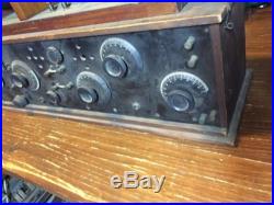 ANTIQUE S&S 5 DIAL WOOD BOX VINTAGE RADIO RECIEVER AND VERY OLD ANTENNA