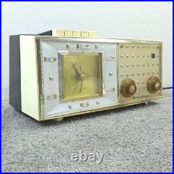 Bulova Alarm Clock Tube Radio Model 190 Pushbutton Black White MCM Vintage Works