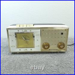 Bulova Alarm Clock Tube Radio Model 190 Pushbutton Black White MCM Vintage Works