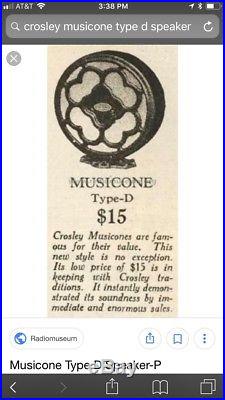 CROSLEY MUSICONE TYPE D VINTAGE 1920's CONE SPEAKER