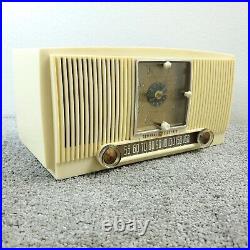 General Electric Model 573 Tube Radio Clock AM GE Vintage MCM White WORKS