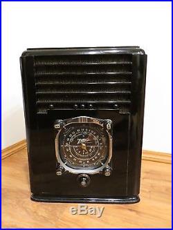 Vintage 1938 Old Zenith Black & Chrome Large Dial Art Deco Antique Tube Radio