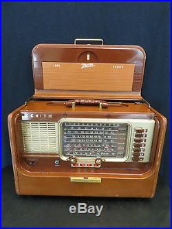 VINTAGE 1950s ZENITH SHORTWAVE BROWN LEATHER ANTIQUE TRANSOCEANIC RADIO