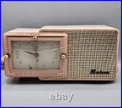 VINTAGE 1957 Bulova Clock Radio Model 100 PINK, 5 Tube AM Radio