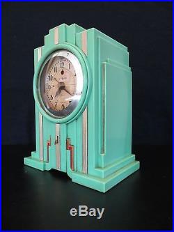 VINTAGE 30s ANTIQUE TELECHRON BRASS & GREEN BAKELITE OLD ELECTRIC ART DECO CLOCK