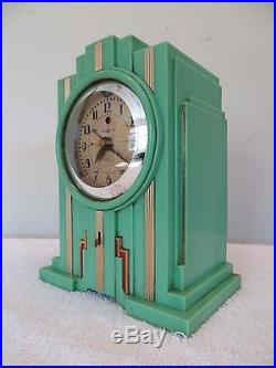 VINTAGE 30s ANTIQUE TELECHRON BRASS & GREEN BAKELITE OLD ELECTRIC ART DECO CLOCK