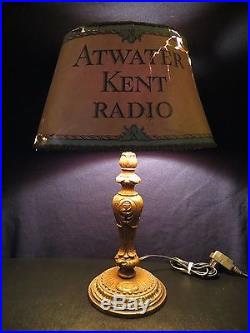 Vintage Atwater Kent Radio Gilded Bronze Deco Advertising Lamp & Original Shade