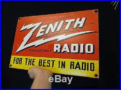 Vintage Zenith Radio Old Antique Advertising Heavy Metal Porcelain Sign