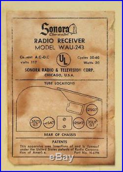 VTG (1939) Sonora WAU-243 BIG DIAL BC AM Tube Radio Receiver