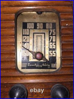 Vintage 1940s Emerson Wood Tube Radio Art Deco Dial Carry Handle UNTESTED AS-IS