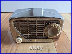 Vintage 1940s Sears Silvertone Tube Radio Tabletop AM Metal Casing Silver CHROME