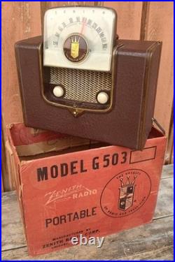 Vintage 1950 Zenith G503 Tube Portable Radio Bakelite Flip-Up Dial Original Box