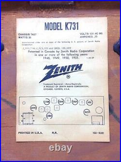 Vintage 1950's Zenith K-731 Long Distance AM/FM Tube Radio Needs New Caps
