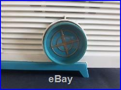 Vintage 1950s Eames Era Atomic Googie Blue Plastic Radio with Alarm Clock Retro