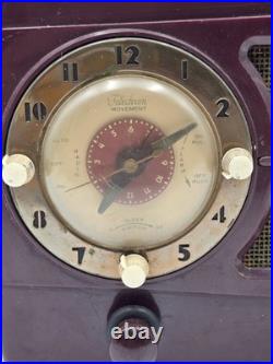 Vintage 1950s Westinghouse H-355T5 Tube Radio Telechron Alarm Clock Maroon. Read