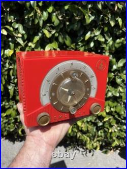 Vintage 1953 MCM mid-century modern Emerson 724 Tube Clock Radio Cherry Red