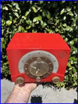Vintage 1953 MCM mid-century modern Emerson 724 Tube Clock Radio Cherry Red
