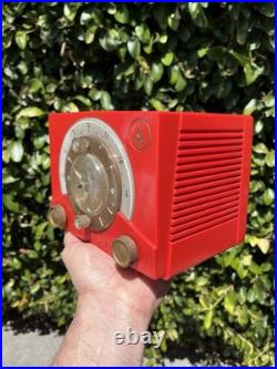 Vintage 1953 MCM mid-century modern Emerson 724 Tube Clock Radio Cherry Red
