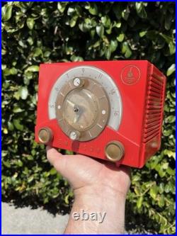 Vintage 1953 MCM mid-century modern Emerson 724 Tube Clock Radio Cherry Red