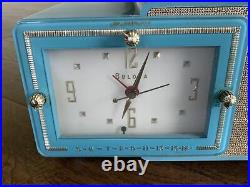 Vintage BULOVA Tube Clock RADIO Model 100 Turquoise Blue Gold Retro MCM WORKS