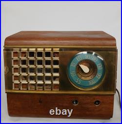 Vintage Emerson 504 AM Tube Radio Wood Cabinet Teal Dial Tested Works