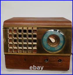Vintage Emerson 504 AM Tube Radio Wood Cabinet Teal Dial Tested Works