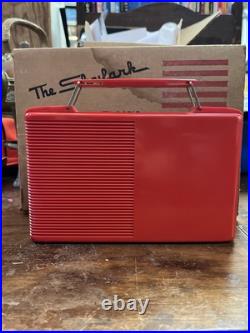 Vintage MCM Red SYLVANIA Portable AM Tube Radio Model 454 With Original Box
