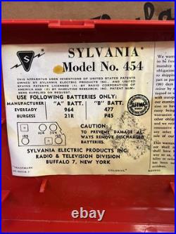 Vintage MCM Red SYLVANIA Portable AM Tube Radio Model 454 With Original Box