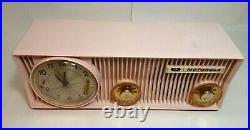 Vintage Pink Motorola 57CS Tube AM Radio w Telechron Clock In Working Condition