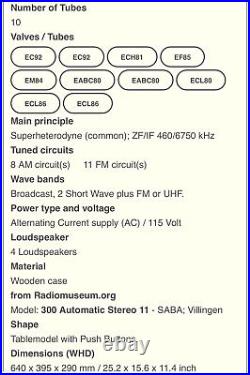 Vintage SABA 300 Automatic Stereo 11 Tube Radio West German MCM READ DESCRIPTION