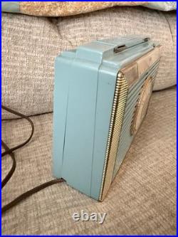 Vintage The Companion By BULOVA Portable Vacuum Tube Radio Teal Blue Gold Trim