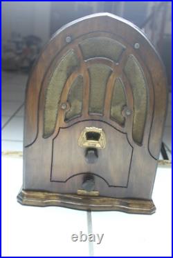 Vintage Wood Tube Radio King Brand appx 1930 Cathedral Refinished 13 3/8 H