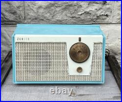 Vintage Zenith F510B Bel-Air Blue & White AM Tube Radio Works Tested 1955 MCM