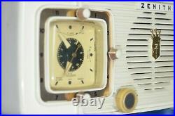 Vtg 1954 Zenith L520W Clock Tube Radio White Bakelite AM Alarm MId Century Retro