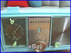 Vtg Pale Blue Motorola Tube Alarm Clock Radio Working 50s 60s Eames MCM Jimmy O