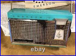 Vtg Teal Emerson 911 ELDORADO NEVABREAK Pocket Radio + Carry Case + Papers WORKS